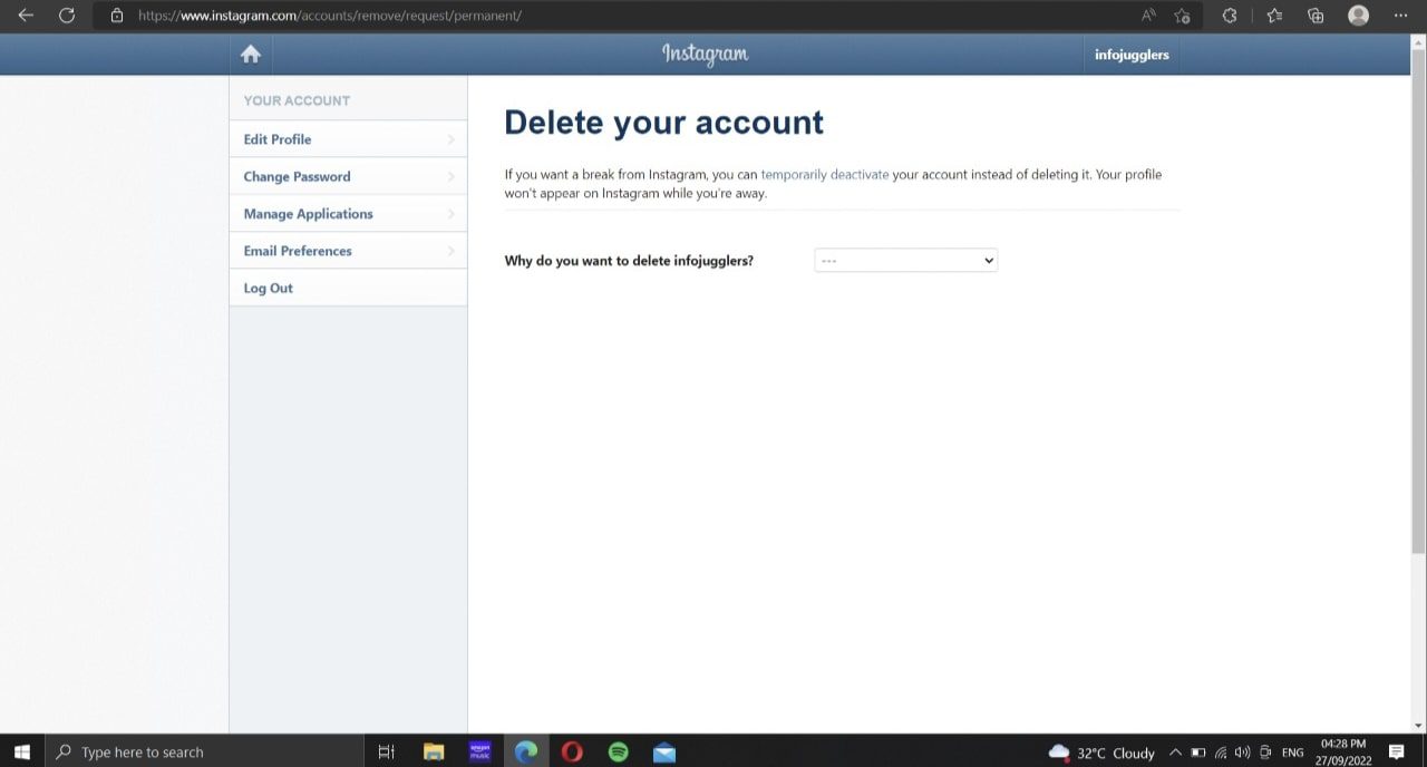how to delete a sub-Instagram account