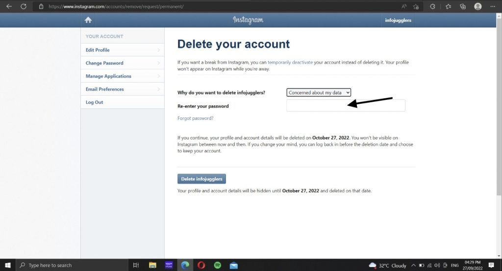 Re-enter your password to delete your Instagram account