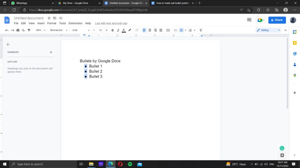 Bullet points selected in Google docs