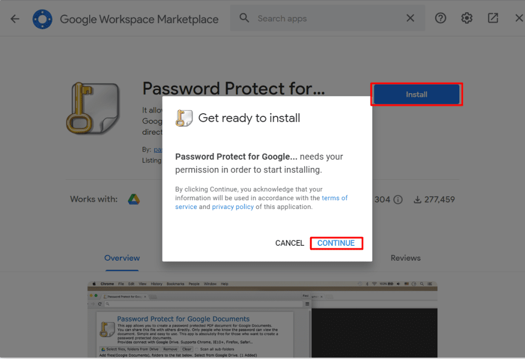 Continue option How to password protect Google Docs