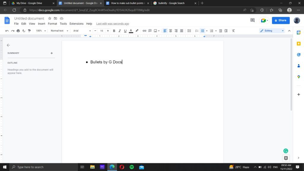 Cursor at end of text in Google docs