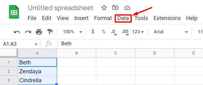 Data option in menu bar how to alphabetize in Google docs