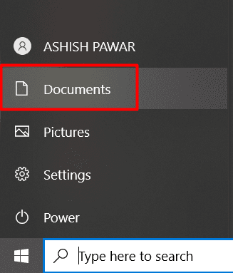 Documents option in windows start menu