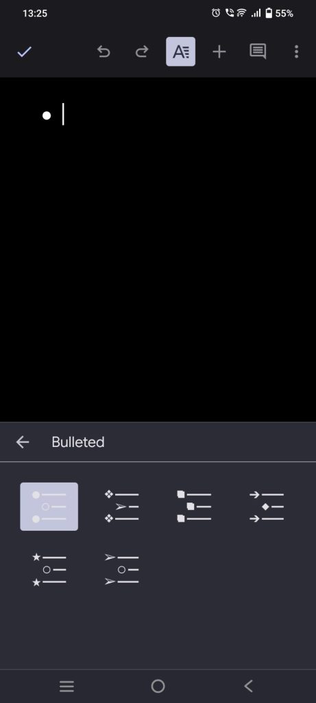 Multiple bullet point shape options in Google docs mobile app