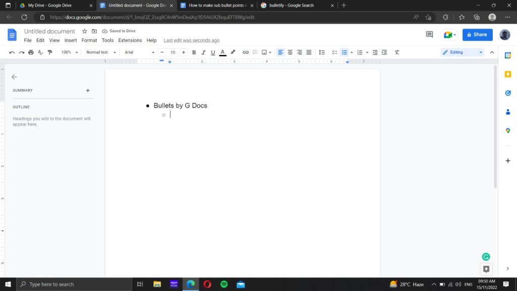 New sub bullet point created below text in Google Docs