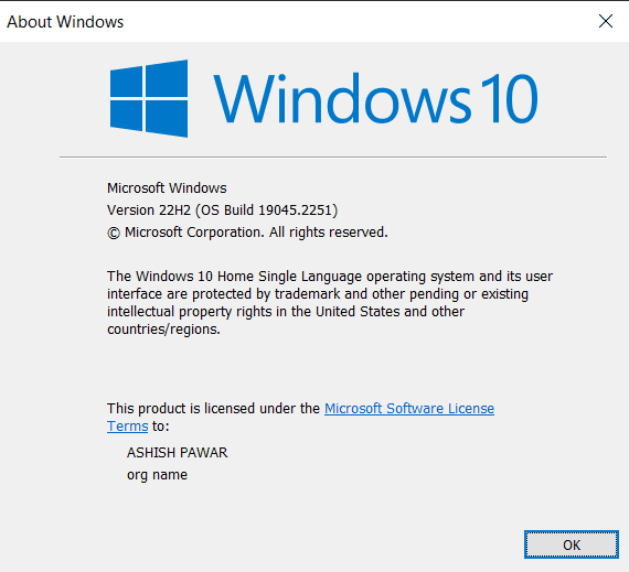 PC displaying current windows version in popup
