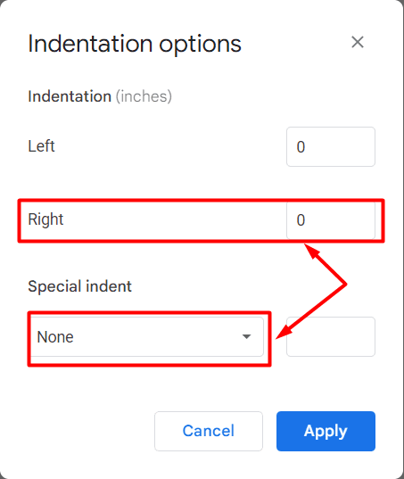 Right and Special Indent value how to fix Google Docs words going off the page