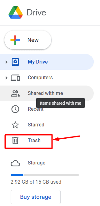 Trash option in Google Drive menu how to find trash in Google Docs