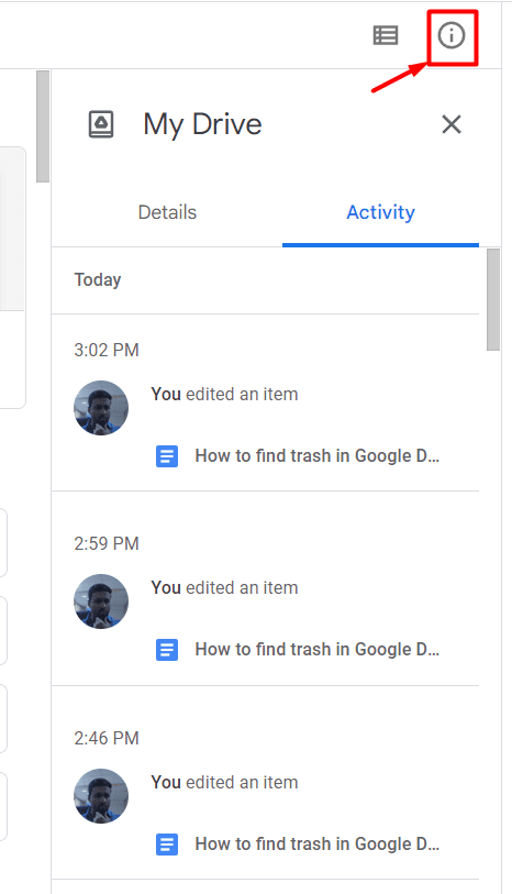 i Button at top right corner of Google drive