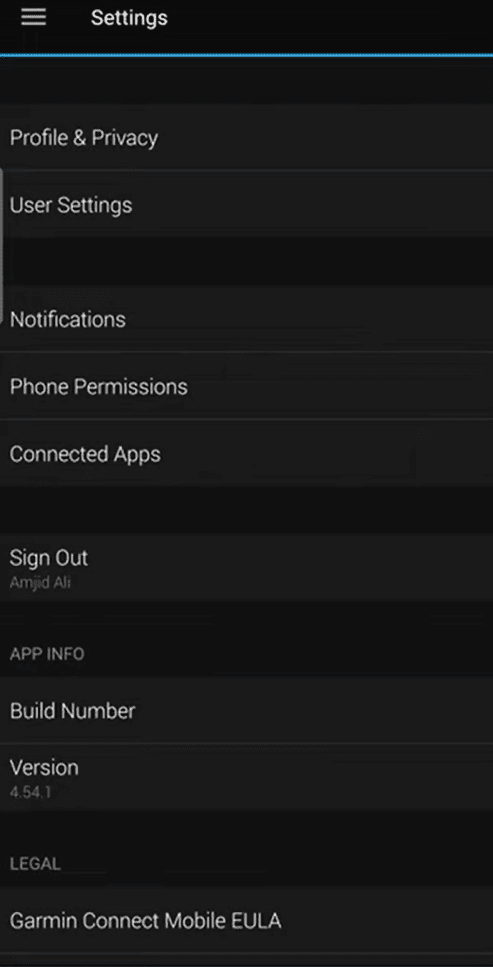 Connected apps option in settings menu of Garmin connect app