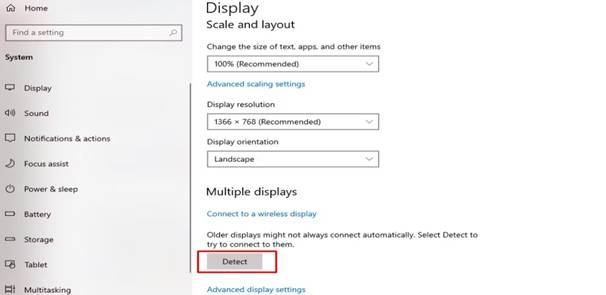 Detect button in display settings to connect two monitors to laptop with one hdmi port