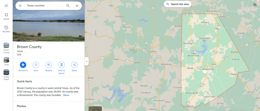 Image Showing Brown County lines in Google Maps
